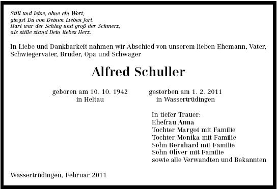 Schuller Alfred 1942-2011 Todesanzeige